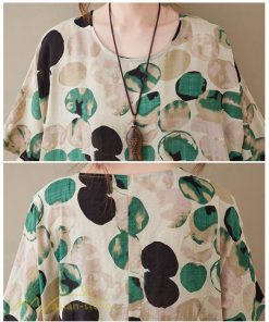 マキシ | Aラインワンピース レディース フリーサイズ 着痩せ プリント 5分袖 クルーネック 麻 綿 リネン 体型カバー ゆったり 薄手 サマーワンピース 夏コーデ