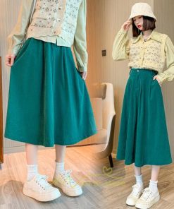 スカート | コーデュロイ台形秋冬 Aライン バッグゴム サイドポケット リブ 広い裾幅 通学通勤 オフィス ミモレ丈 可愛い ロング丈 低身長