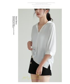 シャツ・ブラウス | レディース シャツ ブラウス 夏コーデ 上品 Vネック 華奢見え 着痩せ オフィス 七分袖 白 ライトグリーン 無地 ビジネス リクルート 日常 おしゃれ 事務服