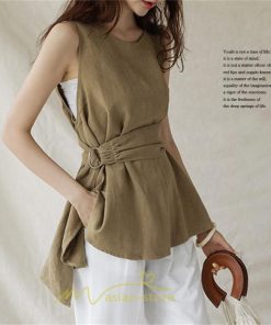 シャツ・ブラウス | ブラウス トップス ノースリーブ レディース tシャツ タンクトップ ベルト付き 広い裾 フレア裾 涼しい 涼感 体型カバー ゆったり 綿麻 夏 おしゃれ 大人 無地