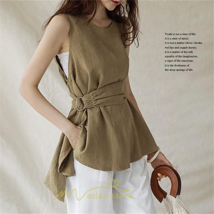 シャツ・ブラウス | ブラウス トップス ノースリーブ レディース tシャツ タンクトップ ベルト付き 広い裾 フレア裾 涼しい 涼感 体型カバー ゆったり 綿麻 夏 おしゃれ 大人 無地