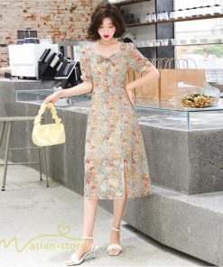 ミディアム | ワンピース Aライン レディース サマーワンピース 花柄 フレア 上品 シフォン 薄手 夏 新作 カジュアル 大人 着痩せ 裾口スリット 上品 おでかえk きれいめ