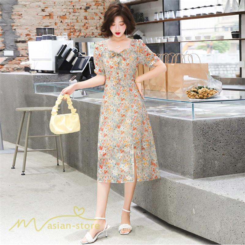 ミディアム | ワンピース Aライン レディース サマーワンピース 花柄 フレア 上品 シフォン 薄手 夏 新作 カジュアル 大人 着痩せ 裾口スリット 上品 おでかえk きれいめ