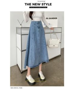 スカート | デニムフレアミモレ丈 ロングt丈 シンプル ゆったり レディース フレア 大人 秋冬 ハイウエスト 美脚 韓国ファッション 可愛い