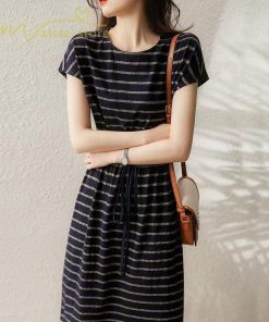 ミディアム | ワンピース レディース 夏服 綿ワンピース Aライン クルーネック 半袖 コットン おしゃれ キレイめ ウエストリボン付き 膝丈 ボーダー