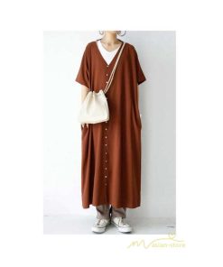 マキシ | ワンピース 五分袖 ロングワンピース レディース 秋物 夏 羽織り ゆったり 大きめ ポケット Aラインワンピース 30代40代50代 無地 可愛い 落ち感 Vネック 大人