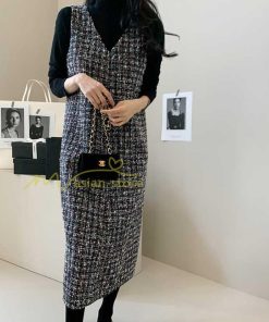 マキシ | ワンピース ノースリーブ Vネック ミモレ丈 ツイードワンピース スリット キラキラ 美ライン 女シルエット エレガント 秋物 レディース 秋冬 フェミニン