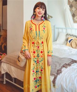 マキシ | ワンピース コットン 長袖ワンピース カジュアル ゆったり ナチュラル シンプル 可愛い 夏 秋 エスニック Vネック 鎖骨 レトロ 黄色 刺繍 白 青 三色展開