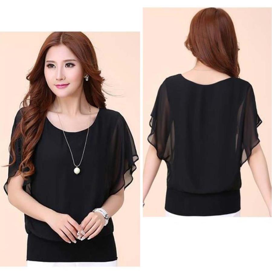 シャツ・ブラウス | レディース シフォンブラウス 半袖 無地 ラウンドネック ドルマンスリーブ トップス