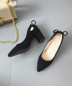 パンプス | スエード調 ポインテッドトゥ チャンキーヒール スエード太ヒール ストラップなし スリップオン バックリボン 無地 大きいサイズ ミドル