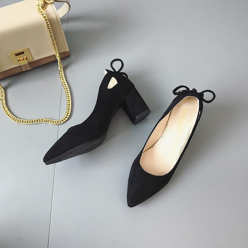 パンプス | スエード調 ポインテッドトゥ チャンキーヒール スエード太ヒール ストラップなし スリップオン バックリボン 無地 大きいサイズ ミドル