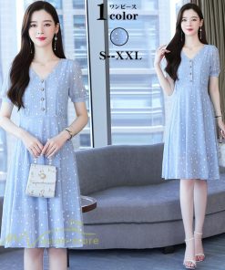 ミディアム | ワンピース レディース 着痩せ 半袖 Vネック カジュアル Aラインワンピース 大きいサイズ 上品 ドット柄 気質 春 新作 サマーワンピース 夏 おしゃれ