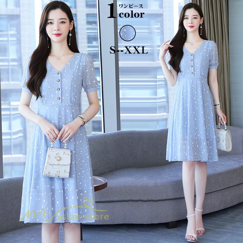 ミディアム | ワンピース レディース 着痩せ 半袖 Vネック カジュアル Aラインワンピース 大きいサイズ 上品 ドット柄 気質 春 新作 サマーワンピース 夏 おしゃれ