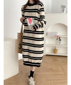ニットワンピース | ワンピース 秋冬 ロングワンピース ミモレ丈 ボーダー ゆったり 体型カバー 柔らか 大人 長袖 ニット 50代 20代30代 アウター セーター