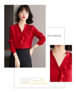 シャツ・ブラウス | ブラウス レディース シャツ トップス 赤 長袖シャツ 無地 オフィス カジュアル おしゃれ シフォン 通勤 フリル 可愛い オシャレ キレイめ ナチュラル 上品