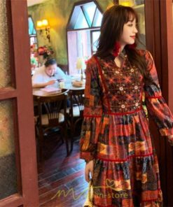 マキシ | ワンピース 七分袖 レディース 夏服  秋服 ロングワンピース マキシ丈 Vネック 民族風 エスニック風 体型カバー カジュアル お洒落 レトロ ハイウエスト