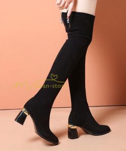 ロングブーツ | ニーハイブーツ スエード調 美脚 秋冬 ストレッチ チャンキーヒール 太ヒール レディース 走れる 黒 美脚 無地 ブーツ ハイヒール