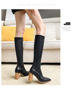 ロングブーツ | ポインテッドトゥレディース チャンキーヒール サイドファスナー バイカラー ミドルヒール 太ヒール 合皮ブーツ ロングブーツ ブーツ 無地