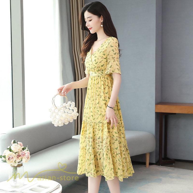 ミディアム | ワンピース Aライン レディース 着痩せ 上品 カジュアル Vネック カジュアル 春 夏 花柄 きれいめサマー ワンピース 通勤 通学 ソフト 膝丈 大人 お出かけ