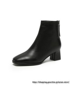 ショートブーツ | レディース 裏起毛なし 裏起毛あり スクエアトゥ ブーツ チャンキーヒール 太ヒール 後ろファスナー 大人 シューズ 通学通勤 靴 ミドルヒール