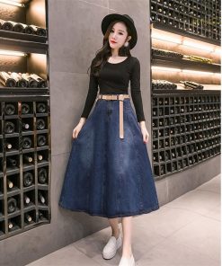 スカート | デニムプリーツフレア ハイウエスト スタイリッシュ ミディアム韓国風 上品 Aライン 大きいサイズ ゆったり 人気 レディース 春秋コーデ