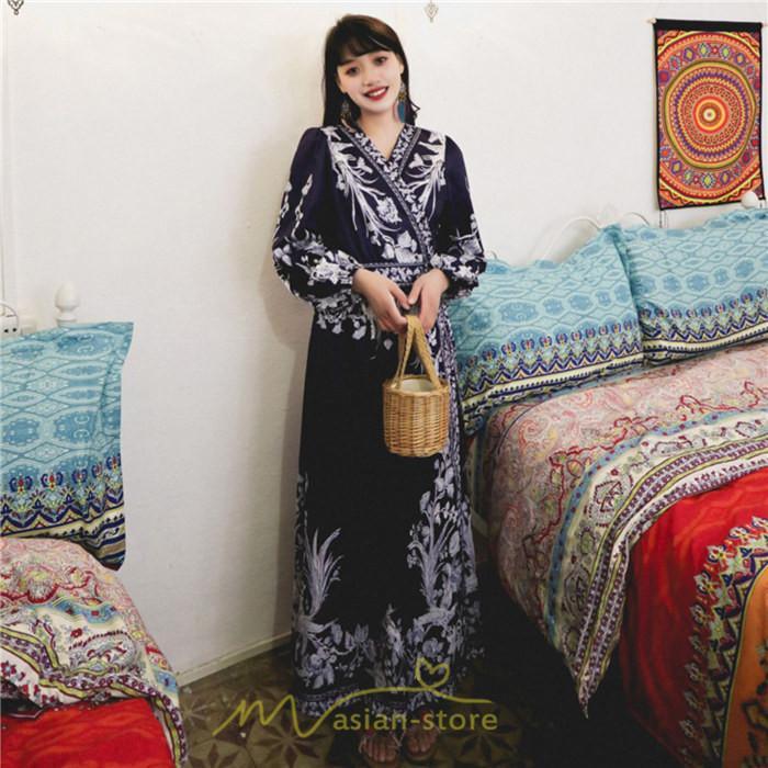 マキシ | マキシワンピース ロングワンピース レディース 夏 秋 長袖 紺 ゆったり Aライン 花柄プリント きれいめ リゾート 大人 20代 母 40代 同窓会 二次会 ママ 30代