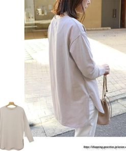 tシャツ・カットソー | Tシャツ Tシャツ コットン長袖オーバーサイズ裾ラウンドTシャツ レディース 綿Tシャツ 長袖Tシャツ クルーネック 秋物 ミドル丈 無地 丸首 長袖