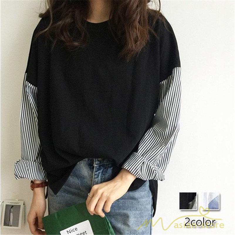 tシャツ・カットソー | Tシャツ レディース カットソー 長袖 シャツ 切り替え 可愛い スリット 体型カバー 夏服 春物 秋物 20代30代40代 トップス 黒 白 シンプル 学生 大人 女の子