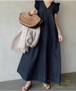 マキシ | ワンピース 半袖 デニムワンピース ロングワンピース マキシ丈 フレアスリーブ Aラインワンピース 無地 広い裾 30代40代50代 大人 ゆったり 夏ワンピ