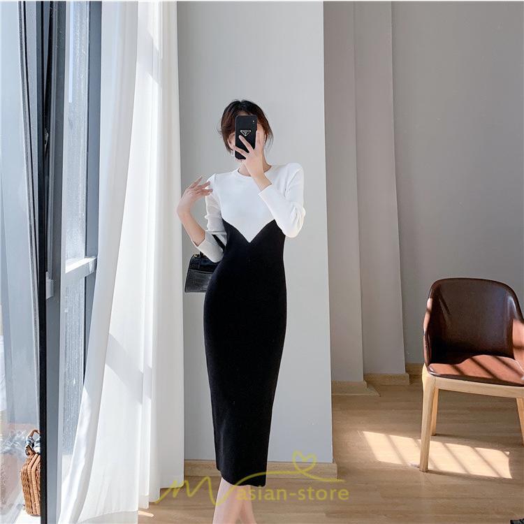 ニットワンピース | ワンピース 秋 秋服 レディース ニット ロングワンピース ロング 長袖 冬 冬服 タイト 切り替え 着痩せ お出かけ 韓国風 20代30代40代50代 通勤 2022新作