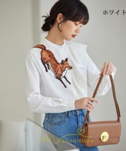 シャツ・ブラウス | ブラウス レディース オフィス 白 長袖 ビジネス カジュアル シャツ 刺繍 アニマル柄 動物柄 狐 個性的 冬 2022新作 秋 可愛い 上品 フェミニン