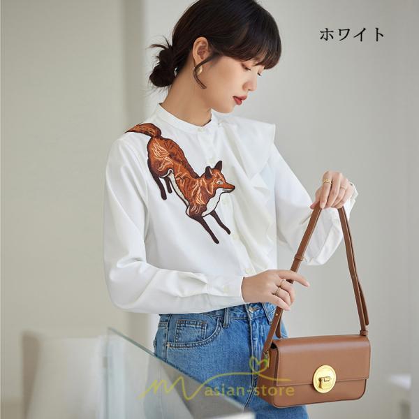 シャツ・ブラウス | ブラウス レディース オフィス 白 長袖 ビジネス カジュアル シャツ 刺繍 アニマル柄 動物柄 狐 個性的 冬 2022新作 秋 可愛い 上品 フェミニン