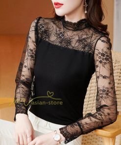 tシャツ・カットソー | カットソー レディース 長袖 春 シャツ 異素材 切り替え レース付き 透け感 20代30代40代50代 ハイネック インナー 着痩せ お出かけ カジュアル カシュクール