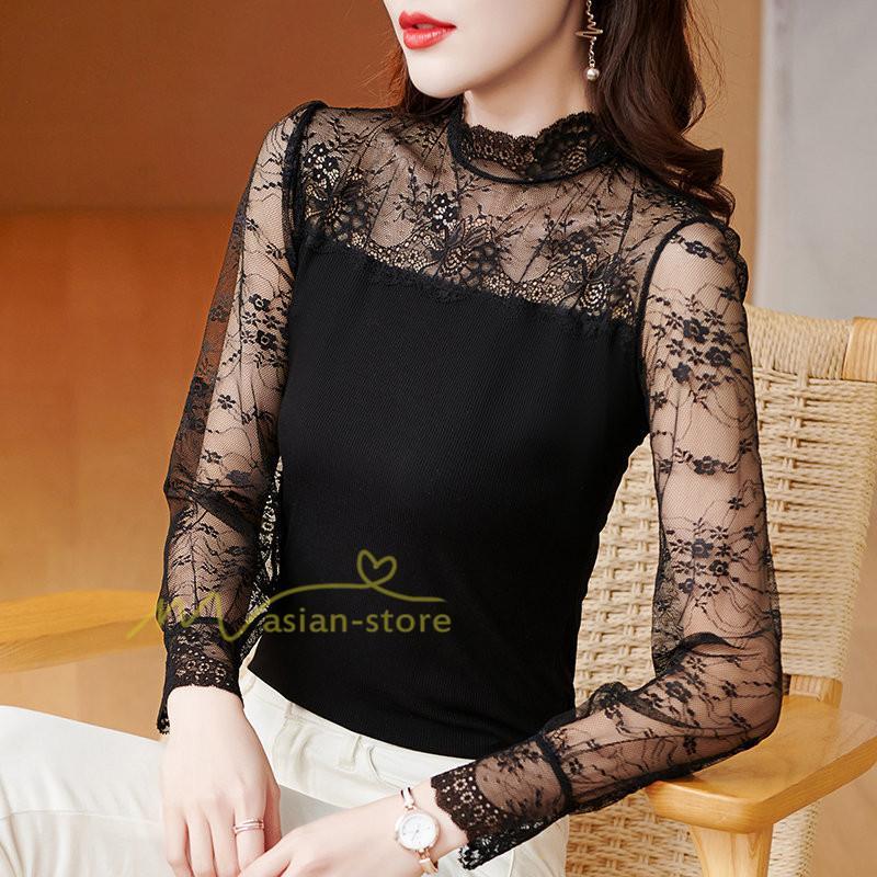 tシャツ・カットソー | カットソー レディース 長袖 春 シャツ 異素材 切り替え レース付き 透け感 20代30代40代50代 ハイネック インナー 着痩せ お出かけ カジュアル カシュクール