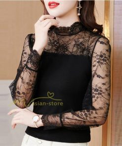 tシャツ・カットソー | カットソー レディース 長袖 春 シャツ 異素材 切り替え レース付き 透け感 20代30代40代50代 ハイネック インナー 着痩せ お出かけ カジュアル カシュクール