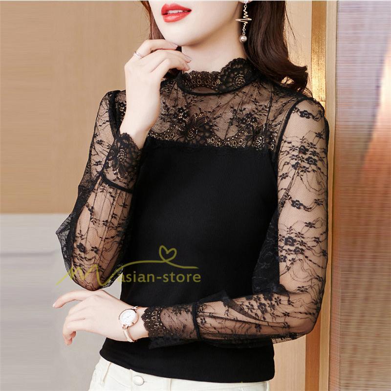 tシャツ・カットソー | カットソー レディース 長袖 春 シャツ 異素材 切り替え レース付き 透け感 20代30代40代50代 ハイネック インナー 着痩せ お出かけ カジュアル カシュクール