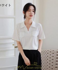 シャツ・ブラウス | シャツ ブラウス レディース 半袖 白 オフィス ビジネス 事務服 制服 リクルート おしゃれ 無地 開襟 日常 柔らかい 胸ポケット フランス風 夏コーデ お出かけ