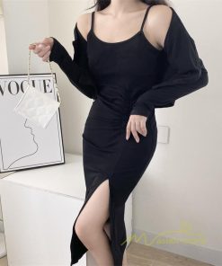 ミディアム | ワンピース タイトワンピース カーディガン セットアップ 2点セット セクシー 膝丈 スリット パーティー キャミソールワンピース スリム 無地 大人 美ライン