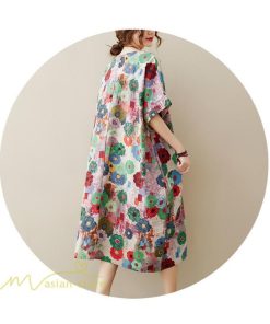 ミディアム | ミディアムワンピース レディース 膝丈 ゆるワンピース 花柄 きれいめ フリーサイズ ゆったり 半袖 麻 綿 リネン 女性着 きれいめ コットン クルーネック 着回し