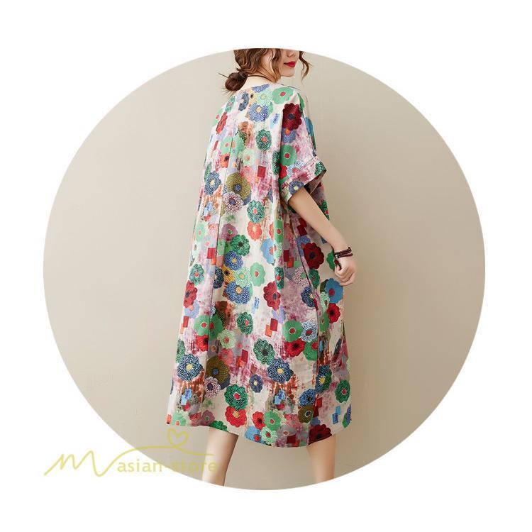 ミディアム | ミディアムワンピース レディース 膝丈 ゆるワンピース 花柄 きれいめ フリーサイズ ゆったり 半袖 麻 綿 リネン 女性着 きれいめ コットン クルーネック 着回し