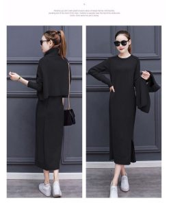 在庫ある | 短納期ニットワンピース ニットトップス 2点セット セットアップ タイトワンピース 裾スリット ハイネックショート丈トップス 長袖 シルエット OL カットソー