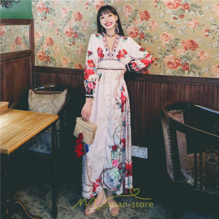 マキシ | マキシワンピース レディース ロング丈 大人 ワンピ 花柄 夏秋 Vネック カジュアル 着やせ きれいめ 撮影 人気 二次会 パーティー 通気 ゆったり 夏秋服