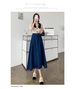 スカート | デニムフレアミモレ丈 ロングt丈 シンプル ゆったり レディース フレア 大人 秋冬 ハイウエスト 美脚 韓国ファッション 可愛い