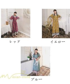 マキシ | ワンピース レディース 総柄 きれいめ ロングワンピース 可愛い カジュアル 春 夏 秋 40代 7分袖 上品 きれいめ 民族風 旅行着 おしゃれ プルオーバー