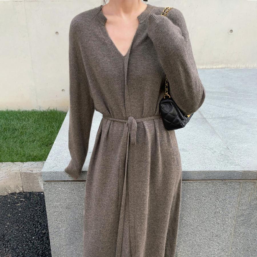 ワンピース | キーネック 大人 おしゃれ ロングワンピ 秋冬 シンプル 上品 ニットレディース セーター暖かい
