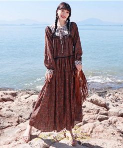 マキシ | ワンピース 長袖 春夏秋 レディース きれいめ ロング丈 カシュクール リゾート 花柄 体型カバー 着痩せ ゆったり エスニック レトロ 海 ビーチ リゾート 旅行