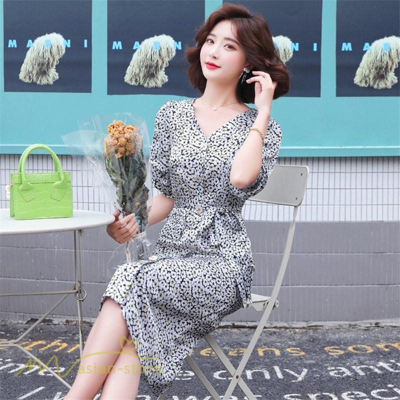 ミディアム | ワンピース レディース 着痩せ 花柄 Vネック 半袖 膝丈 サマーワンピース きれいめ エレガント 30代 40代 50代 大人 春 薄手 ひざ丈 お出かけ 上品 夏 デート