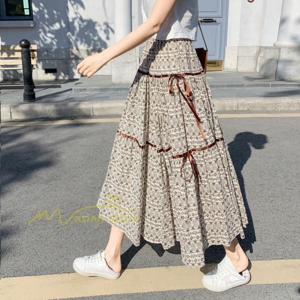 スカート | フレアロングレデイース リネンウエストゴム 綿麻混 マキシマキシ レトロ風 体型カバー リゾート 夏物