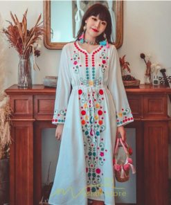 マキシ | ワンピース コットン 長袖ワンピース カジュアル ゆったり ナチュラル シンプル 可愛い 夏 秋 エスニック Vネック 鎖骨 レトロ 黄色 刺繍 白 青 三色展開