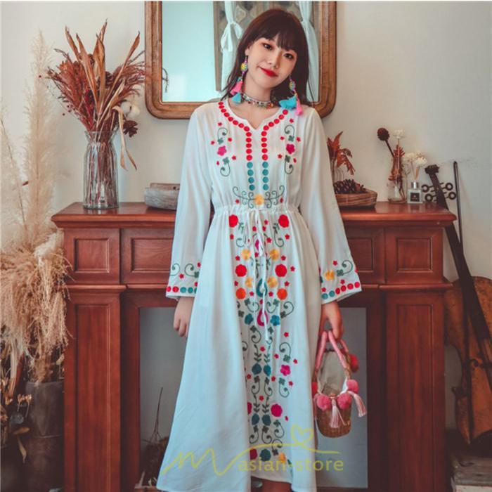 マキシ | ワンピース コットン 長袖ワンピース カジュアル ゆったり ナチュラル シンプル 可愛い 夏 秋 エスニック Vネック 鎖骨 レトロ 黄色 刺繍 白 青 三色展開